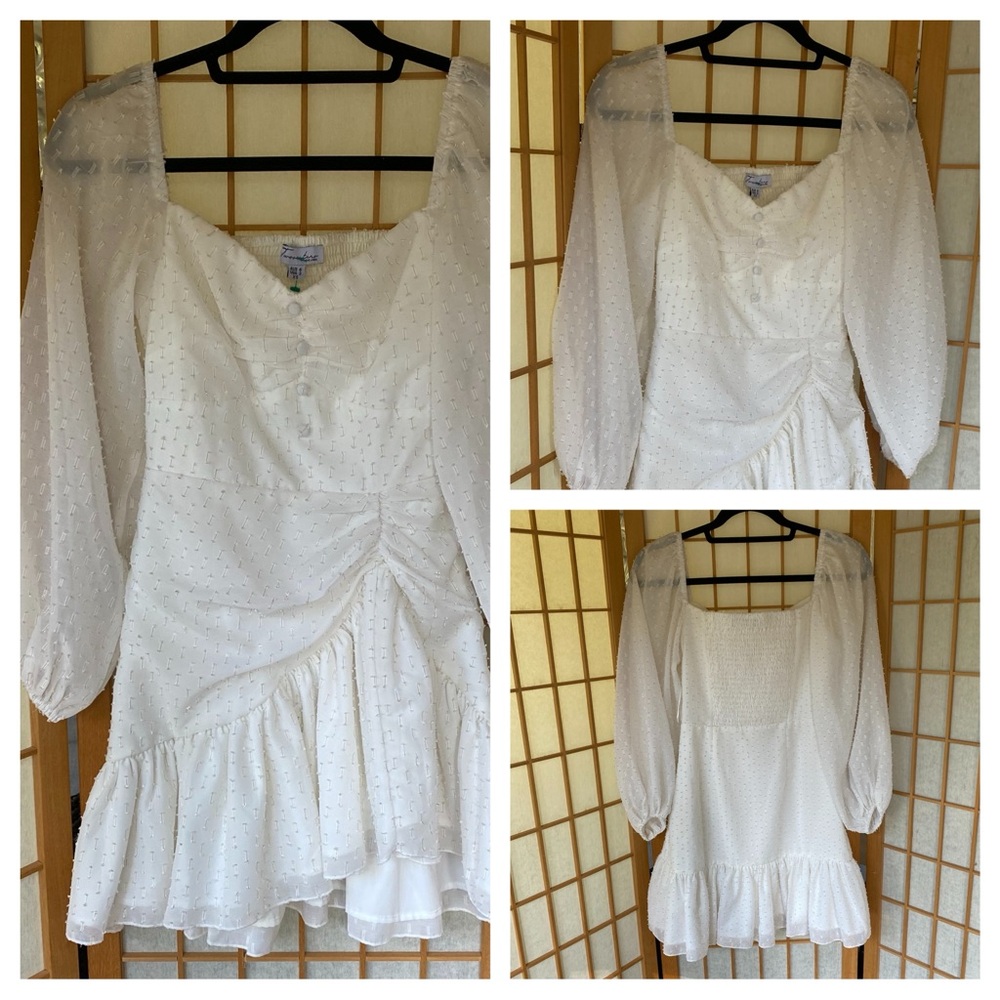 Two Sisters The Label White Metallic Gold
Smocked Ruched Ruffled Mini Dress  XS